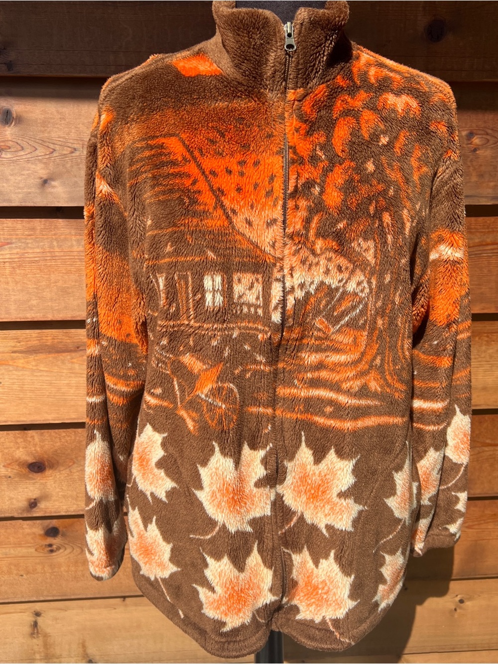 Vintage Cozy Brown & Orange Leaf Print Zip-Up Sweater Jacket